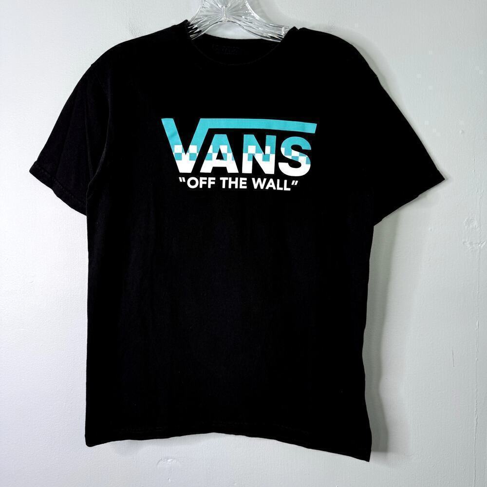 VANS "Off the Wall" Checkered Logo Men's Black Teal Short Sleeve T-Shirt Size S
